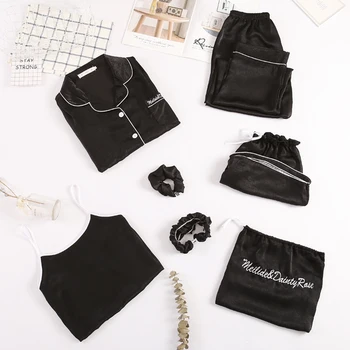 Tonngirls 7 Piese Set de Pijamale Solid Negru pentru Femei Pijama Set Primavara-Vara Confortabil Acasă Costum Pentru Femei 2021 Homewear