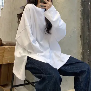 Mânecă lungă T-shirt Clasic Solid coreean Chic de Toamnă de Primăvară de Cupluri Topuri Toate-meci la Modă fantă Laterală de Proiectare Femei Streetwear 2303