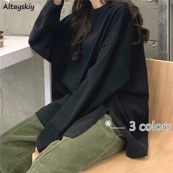 Mânecă lungă T-shirt Clasic Solid coreean Chic de Toamnă de Primăvară de Cupluri Topuri Toate-meci la Modă fantă Laterală de Proiectare Femei Streetwear