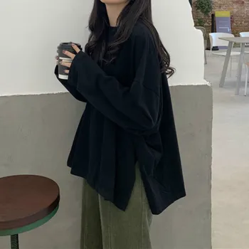 Mânecă lungă T-shirt Clasic Solid coreean Chic de Toamnă de Primăvară de Cupluri Topuri Toate-meci la Modă fantă Laterală de Proiectare Femei Streetwear
