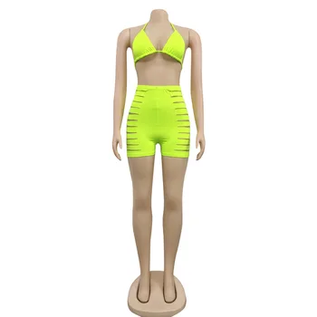 Verde Neon Portocaliu Femei 2 Bucata Set de Vara Tinuta de Club Căpăstru fara Spate Sutien Top și Tubulare Skinny Scurt Plaja Poarte Costume