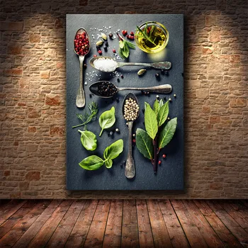Nordic Acasă Decor Panza Pictura Boabe De Condimente Lingura Ardei Bucătărie, Postere, Printuri De Arta De Perete Moderne De Alimentare Modular Imagine