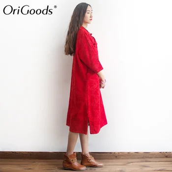 OriGoods Stil Chinezesc Femei Rochie De Bumbac De Genunchi Lungime Rochie De Vara Solid Roșu-Negru De Epocă Rochie Plus Dimensiune Rochie Vrac A015