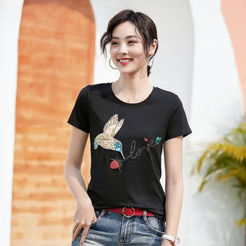 IZEVUS de Vară 2020 New sosire de mână cu margele pasarica femei pe scurt cu mâneci tricou Modal moda slim T-shirt