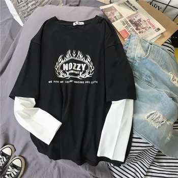 Vara Harajuku Punk Imprimare Alb-Negru O Mozaic Gât Maneca Lunga Cuplu Tricou Hip Hop Punk Topuri Largi Tricouri Femei Haine