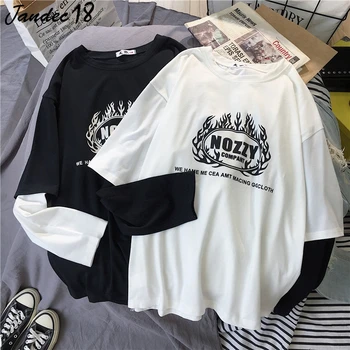 Vara Harajuku Punk Imprimare Alb-Negru O Mozaic Gât Maneca Lunga Cuplu Tricou Hip Hop Punk Topuri Largi Tricouri Femei Haine