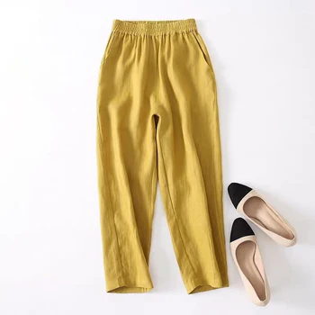 Noi de Vară 2020 Femei Talie Elastic Liber Glezna-lungime Pantaloni Bumbac Galben Casual Harem Pantaloni Plus Dimensiune Pantaloni Vintage S723 2702
