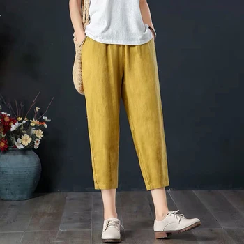 Noi de Vară 2020 Femei Talie Elastic Liber Glezna-lungime Pantaloni Bumbac Galben Casual Harem Pantaloni Plus Dimensiune Pantaloni Vintage S723