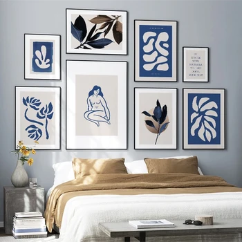 Nordic Moderne Botanică Albastru Abstract Femeie Simplă Plantă Panza Pictura Arta De Imprimare Imagine Poster De Perete Camera De Zi Decor Acasă