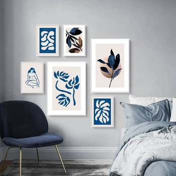 Nordic Moderne Botanică Albastru Abstract Femeie Simplă Plantă Panza Pictura Arta De Imprimare Imagine Poster De Perete Camera De Zi Decor Acasă