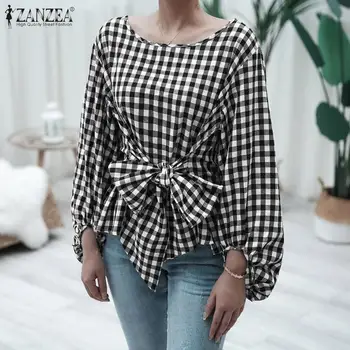 Femei pe mâneci Bluze de Moda Arc Check Tricouri ZANZEA 2021 Cauzalitate Carouri Blusas de sex Feminin Gât O Tunică Plus Dimensiune Topuri Combinezon