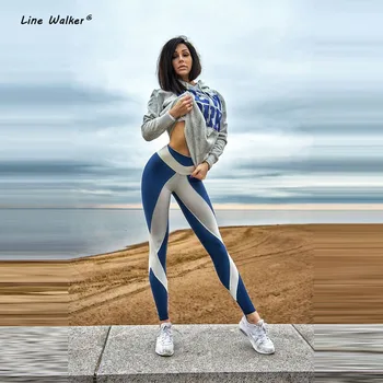 Linie Walker Albastru Geometrice Imprimate De Gimnastică Yoga Pantaloni Stramti Alergare Sport Fitness Femei Jambiere Antrenament Tayt Push-Up Active Wear