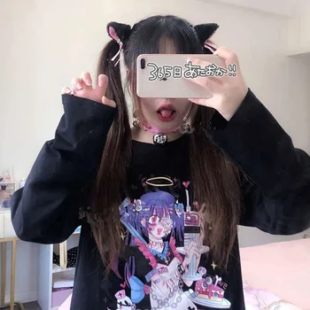 Toamna Japoneză moale fata facultate stil drăguț negru fata dulce print T-shirt Harajuku pierde cu mâneci lungi bottom femei top
