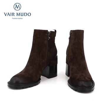 VAIR MUDO 2020 Nou Cizme din Piele Pantofi Femei Toamna Iarna Moda Tocuri Groase Scurt de pluș Copil de piele de Căprioară Ziper Cald ShoeDX63