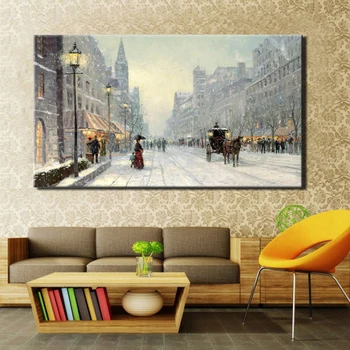 Modern Abstract Oraș, Iarnă, Zăpadă, Peisaj Pictura in Ulei pe Panza, Postere si Printuri Cuadros de Arta de Perete Imaginile Pentru Camera de zi