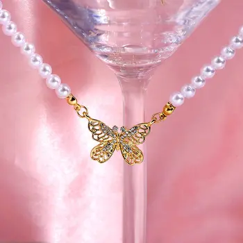 Simplu Moda Imitație Perla Cravată Colier Pentru Femei De Culoare De Aur Fluture Cristal Pandantiv Colier Nou Design De Bijuterii Cadou 289