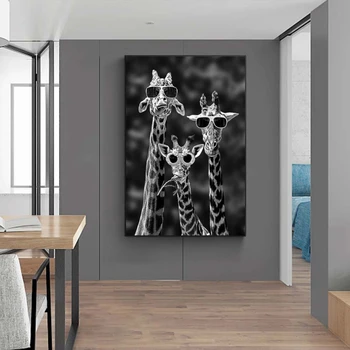 Art amuzant Girafe cu ochelari de Soare Postere Si Printuri Alb-Negru Animale Panza Picturi pe Perete Imagini de Artă Cuadros