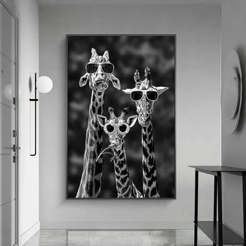 Art amuzant Girafe cu ochelari de Soare Postere Si Printuri Alb-Negru Animale Panza Picturi pe Perete Imagini de Artă Cuadros