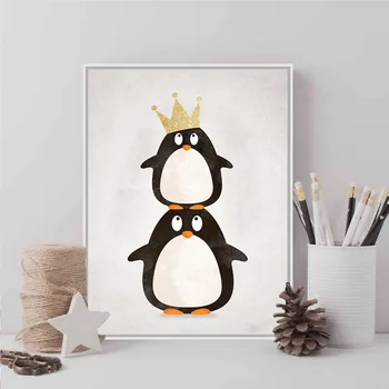 Panza Printuri De Arta Drăguț Pinguin Joc Purtând Coroana De Desene Animate Abstract Imagini De Perete Pentru Acasă Decorare Cadru Nr.