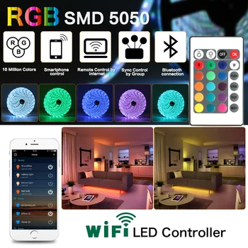 Banda LED 5m 10m 15m RGB cu led-uri Impermeabil neon Flexibil 5050 lumina DC12V 60 Led-uri/M bandă WIFI Bluetooth IRRemote controller adaptor