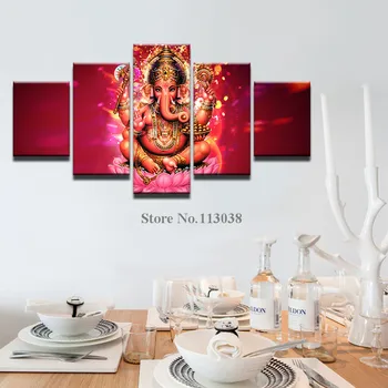 Fierbinte De Vânzare 5 Piese India Tibetan Ganesha Panza Pictura Cap De Elefant Dumnezeu Imprimate Panza Pictura Pe Perete Camera De Zi Poze