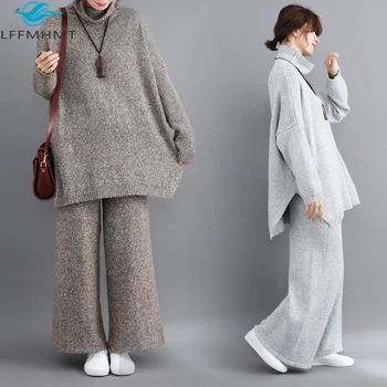 100 kg Dimensiuni Mari Iarna Toamna Noua Moda Femei Culoare Solidă de Tricotat Seturi de sex Feminin coreeană Stil Simplu Vrac Pulover Casual Costum 3257