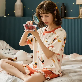 Nou Stil Pijama Femei de Vară cu mânecă Scurtă Poliester-bumbac Costum din Două piese Stil coreean Subțire Uzura Acasă Plus Plus Size Pijamale 32948