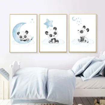 Luna Panda Desene Animate De Animale Copil Poster De Imprimare Copil Pepinieră Arta De Perete Panza Pictura Nordică Copil Băiat Dormitor De Decorare Imagine