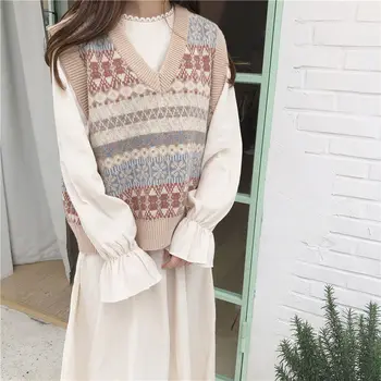 2020 primăvara și toamna noua versiunea coreeană de libertate sălbatică a lovit culoarea jacquard a fost pulover subtire student vesta vesta pulover femei