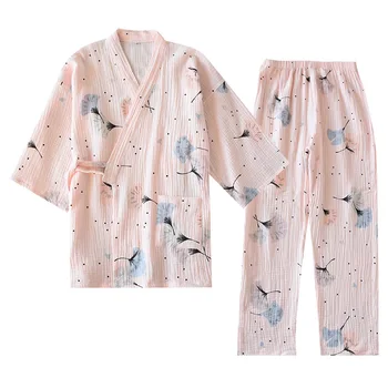Roz Kimono Set de Pijama Femei 2 BUC Sleepwear Primăvară Pură Fire de Bumbac Pijama V-Gât Jumătate de Imprimare de Papadie Pijama Mujer Homewear 34434