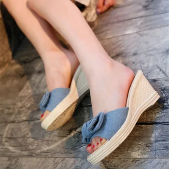 CEYANEAOSummer Denim Fluture nod Flip-Flops Pantofi Papuci de Femei Pantofi Platforma Femeie Pene femei pantofi cu Tocuri Înalte Pompa