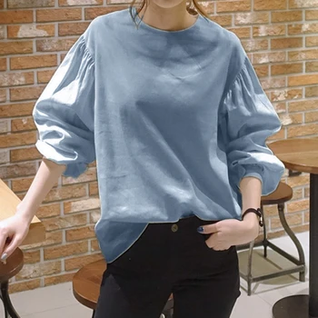 Cauzalitate Bluza Femei 2019 Toamna Coreean Lantern Maneca Plian Primăvară, Tricouri Cu Maneca Lunga Vrac Doamne De Birou Alb Topuri 4 Culori