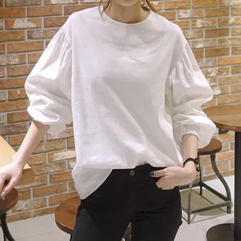 Cauzalitate Bluza Femei 2019 Toamna Coreean Lantern Maneca Plian Primăvară, Tricouri Cu Maneca Lunga Vrac Doamne De Birou Alb Topuri 4 Culori