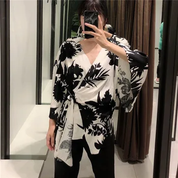 Print Arc Folie de Bluza Femei Za 2020 V-gât Taie Maneca Top Retro Plus Dimensiune High Street Asimetrica de Vara Tricou Femeie