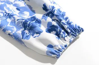 Retro Maneca Lunga Puf alb Albastru Floral Print Shirt Femei Single-breasted butoane Talie Subțire Scurt Bluza Fata Topuri