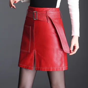 Roșu negru Fusta din Piele cu Curea pentru Femei Talie Mare Plus Dimensiune Slim Fit O-linie Fuste Office Lady Elegant din Piele PU Fusta Mini