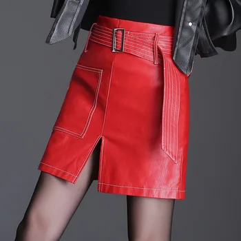 Roșu negru Fusta din Piele cu Curea pentru Femei Talie Mare Plus Dimensiune Slim Fit O-linie Fuste Office Lady Elegant din Piele PU Fusta Mini