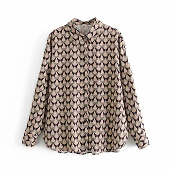 Za Plaid Print Shirt pentru femeie Bluze Guler Geometrice Button Up Shirt Femeie se Încadrează În 2020 Maneca Lunga Streetwear Topuri Doamnelor Tunica