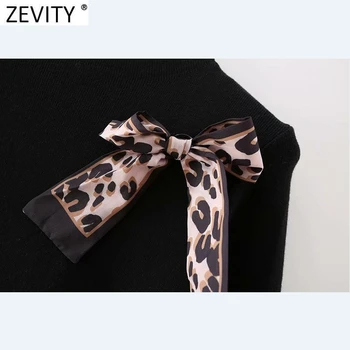 Zevity Noi 2021 Femei Leopard De Moda Decorare Arc Maneca Lunga Pulover Tricotat Feminin Chic Solid Pulovere Topuri S645
