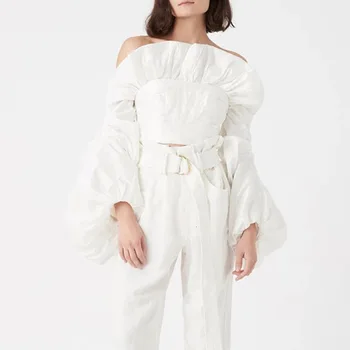 2020 Nou-veniți Ruched Volane Bluze Femei Slash Gât Lantern Mâneci Lungi Slim Scurte, Cămăși pentru Femei Îmbrăcăminte de Modă