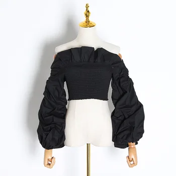 2020 Nou-veniți Ruched Volane Bluze Femei Slash Gât Lantern Mâneci Lungi Slim Scurte, Cămăși pentru Femei Îmbrăcăminte de Modă