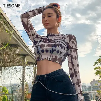 TIESOME 2020 Vara cu Spatele Gol Afară Sexy Femei Tricou Maneca Lunga Print High Street Haine de Moda Cool de Fete de Top Tee Doamna