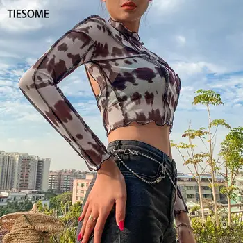 TIESOME 2020 Vara cu Spatele Gol Afară Sexy Femei Tricou Maneca Lunga Print High Street Haine de Moda Cool de Fete de Top Tee Doamna