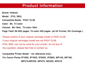 Veteran PG37 CL38 Cartuș de Cerneală pentru Canon PG-37 CL-38 PG 37 PIXMA MP140 MP190 M210 MP220 MP420 IP1800 IP2600 MX300 MX310 printer 37102