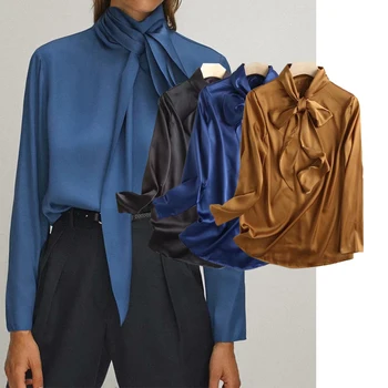 ZA 2020 Femei de Moda textura Satin șifon bluza Guler de Turn-down Bluze bowknot Maneca Lunga Șifon Cămașă Casual Topuri Largi
