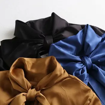 ZA 2020 Femei de Moda textura Satin șifon bluza Guler de Turn-down Bluze bowknot Maneca Lunga Șifon Cămașă Casual Topuri Largi