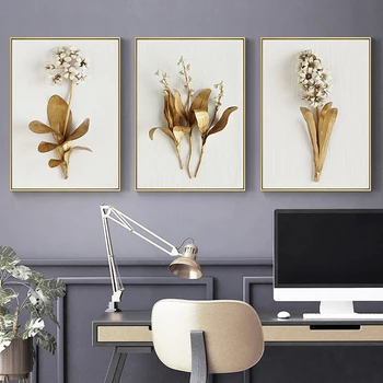 DDHH de Aur Frunze de Plante Și Flori de Arta de Perete Panza Pictura Nordică Imagini Decorare Pentru Camera de zi Acasă Decor Unic