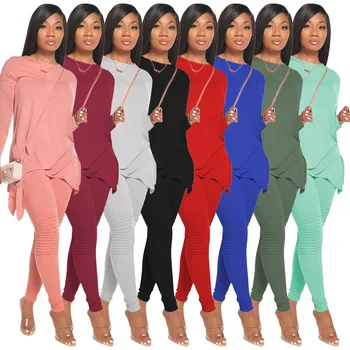 2020 Noi de Toamna pentru Femei Costum Sexy Model Solid de culoare Mâneci Lungi Arc & Ruched Pantaloni 2 Bucata Set
