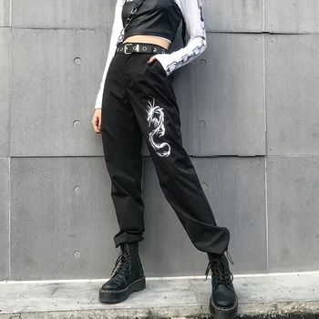 HEYounGIRL Broderie Dragon Negru Pantaloni Femei Chineză Stil Punk Pantaloni Pantaloni Talie Mare Codrin, Hip, Hip, Casual Pantaloni De Trening