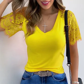 Plus Dimensiune Dantelă Mozaic Bluza Femei De Vara Tricou Maneci Scurte O-Neck Solid Casual Femei Topuri Blusa Tricouri 2020 Moda